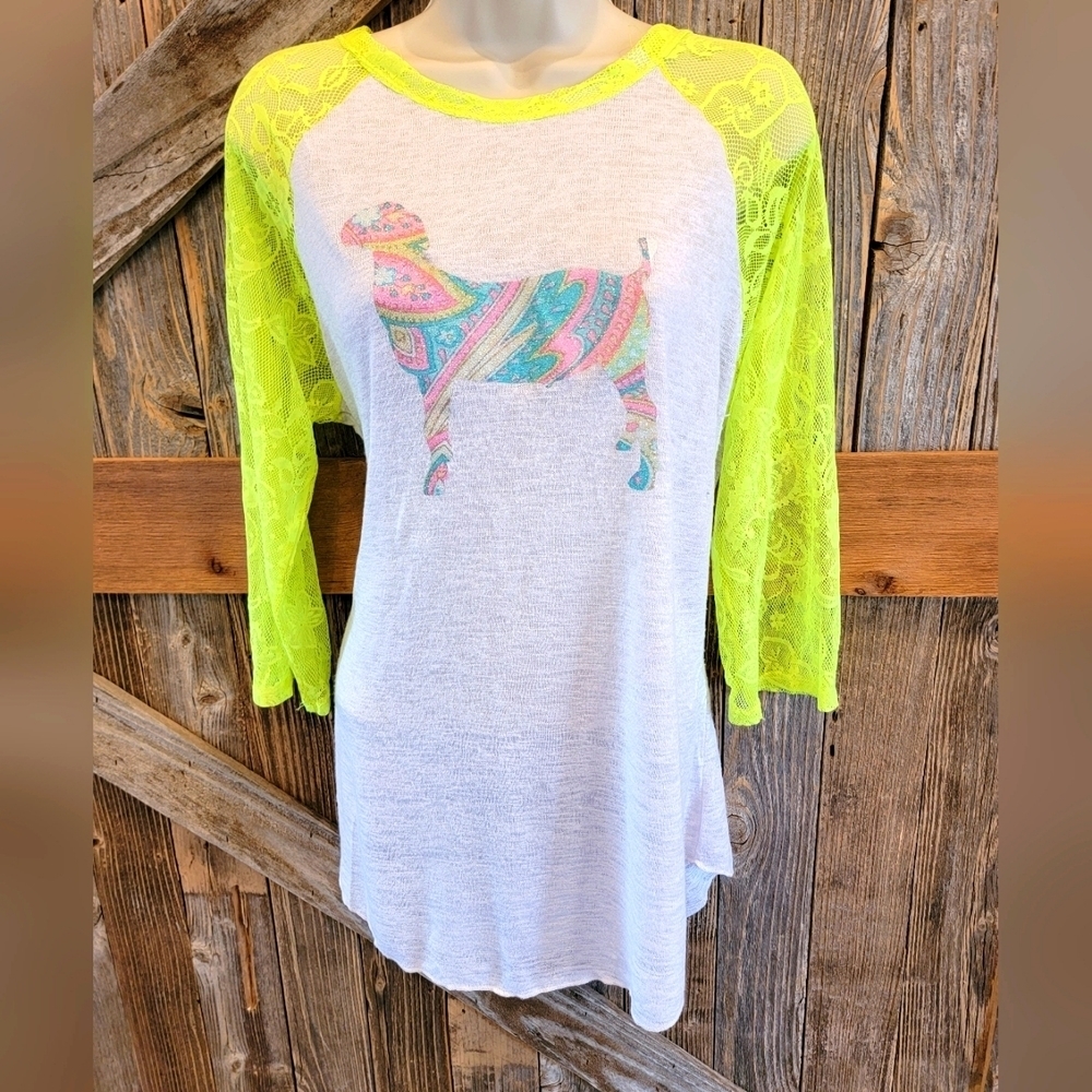 L&b Goat Graphic Tunic goat lover western guaze lace blouse XL farm life